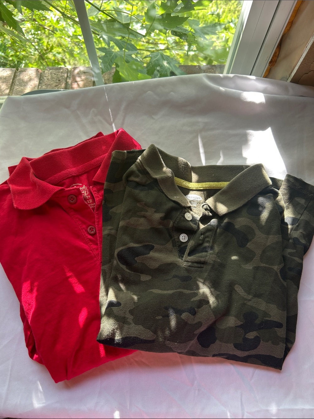 2 Kids Polo Shirts- Red long sleeve & Camouflage short - old navy size l